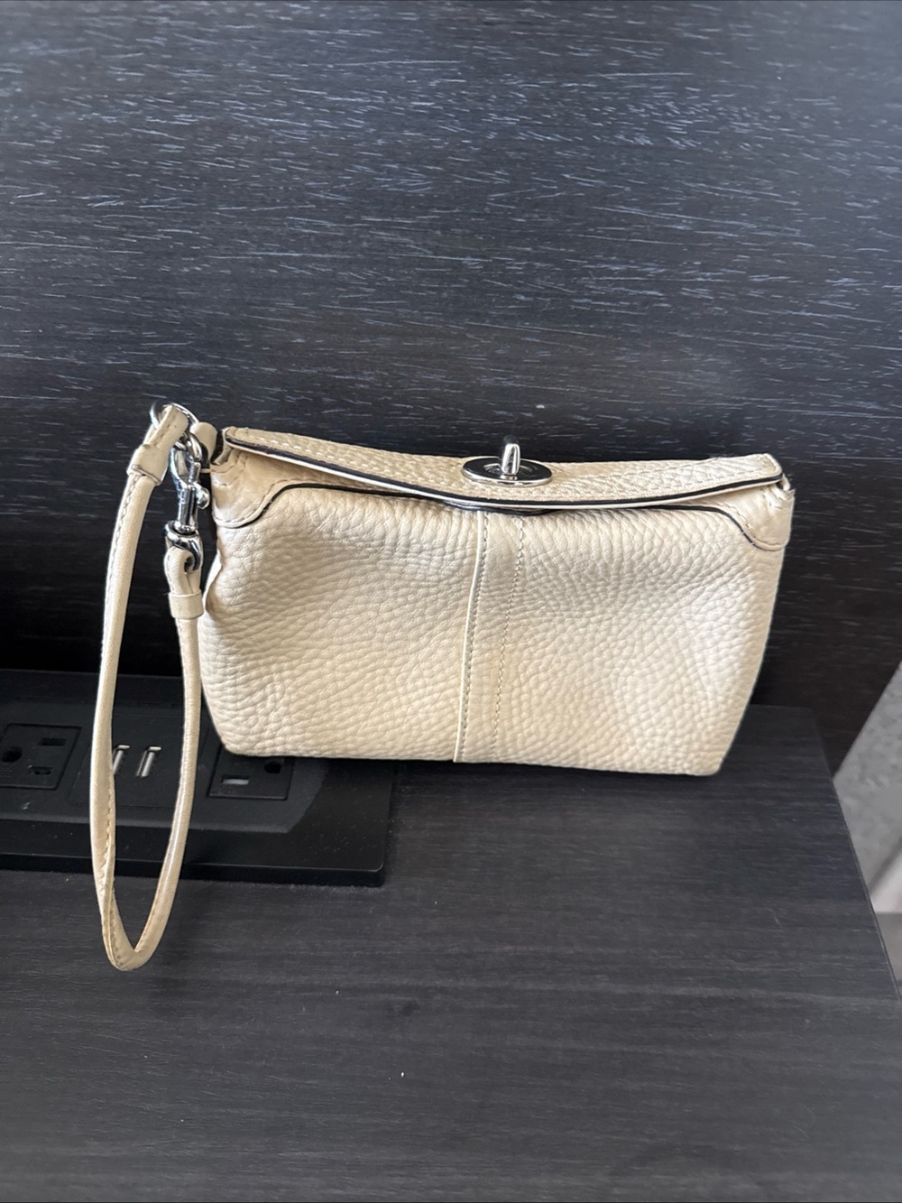 Coach Turlock Pebbled Leather Wristlet Clutch in Light Beige